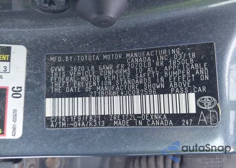 2018 Toyota Corolla Le from USA, damaged, VIN 2T1BURHE4JC082596